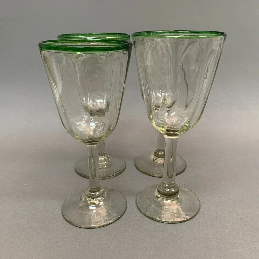 Clear Glass Green Trim Blown‎ Glasses Mexico? Lot of 4